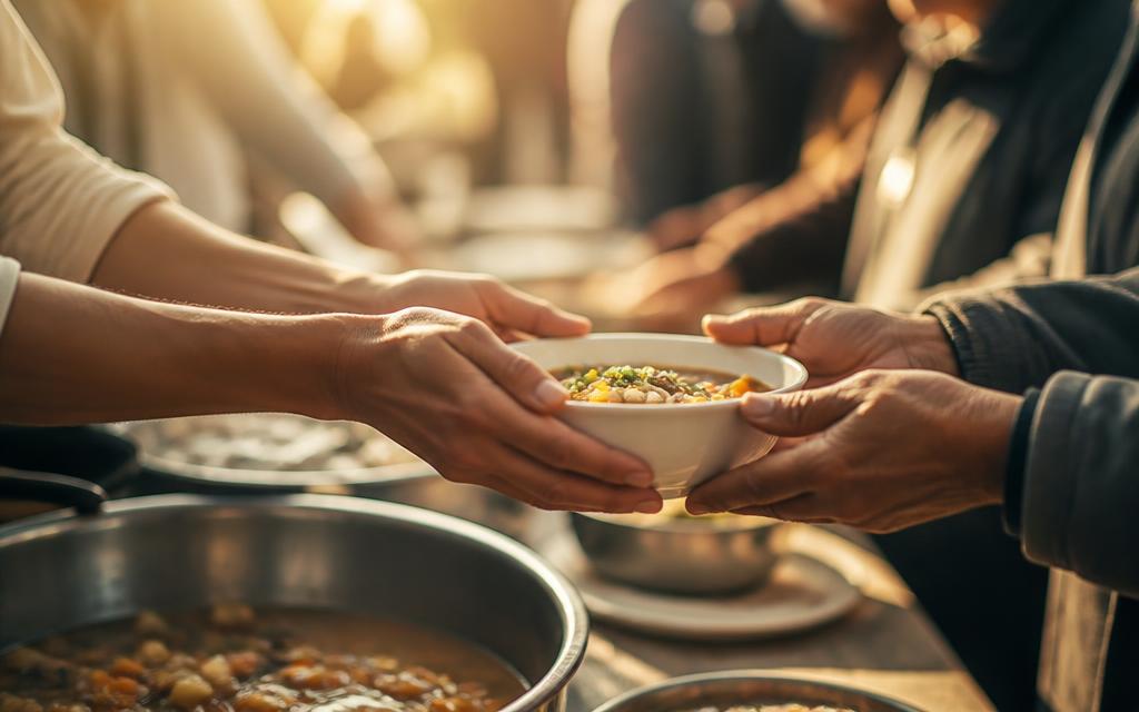 Hands passing a bowl of warm food across a table